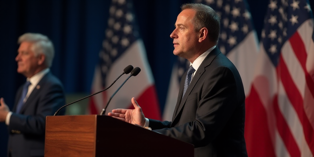 a man in a suit and tie speaking at a podium with a flag in the background and a man in a suit and t