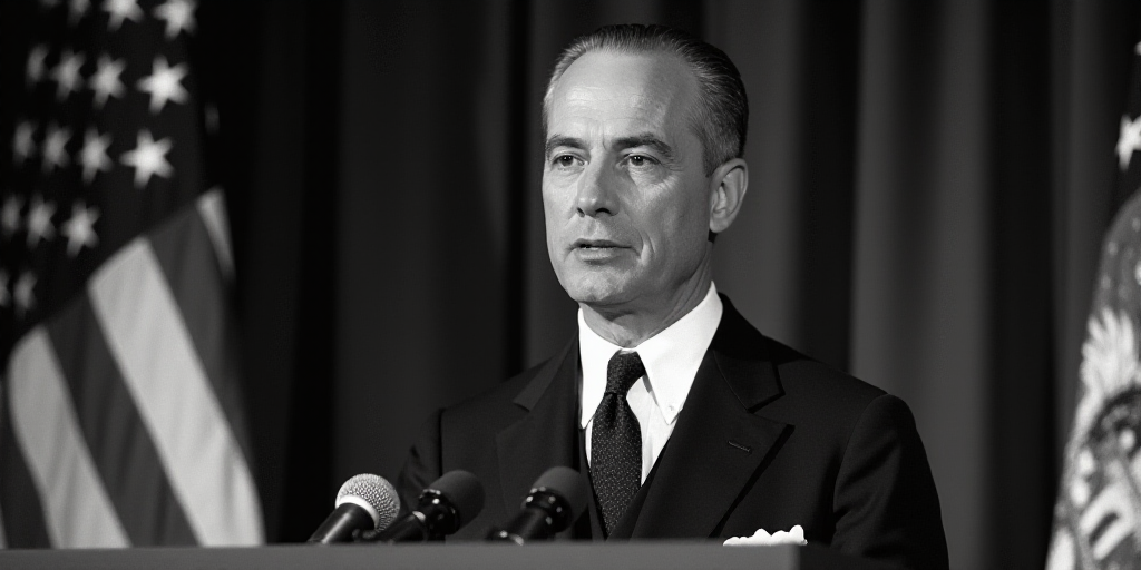 a man in a suit and tie speaking at a podium with an american flag behind him and a microphone in fr