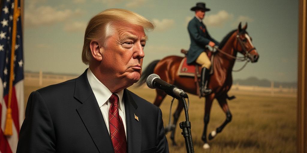 a man in a suit and tie speaking into a microphone in front of a painting of a horse and rider, Dona