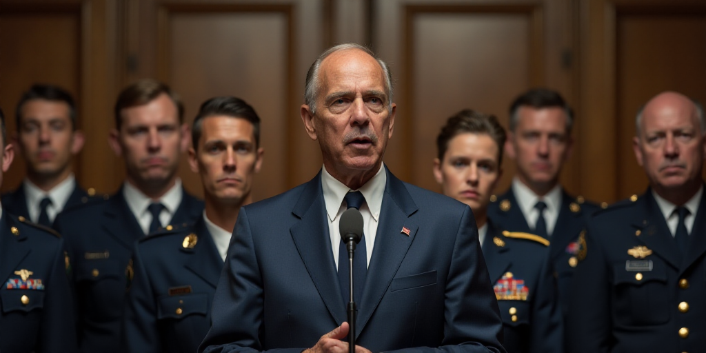 a man in a suit and tie speaking into a microphone in front of military men and women in uniform, Do