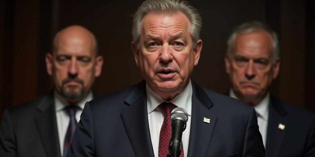 a man in a suit and tie speaking into a microphone with two other men in the background behind him,
