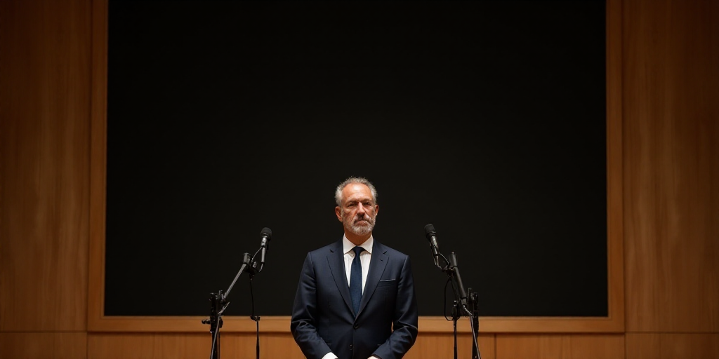 a man in a suit and tie standing in front of a microphone in a room with wooden walls and a black sc