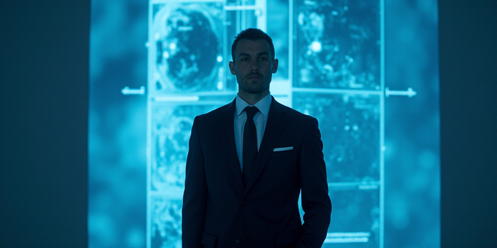 a man in a suit and tie standing in front of a blue background with a black and white photo, Edward