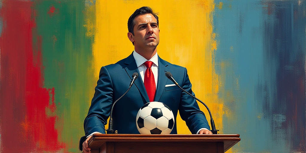 a man in a suit and tie standing at a podium with a soccer ball in front of him and a flag behind hi