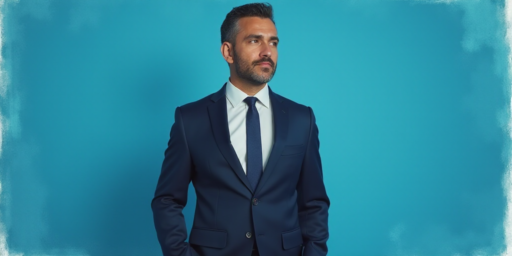 a man in a suit and tie standing in front of a blue background with a caption that reads, louis migu