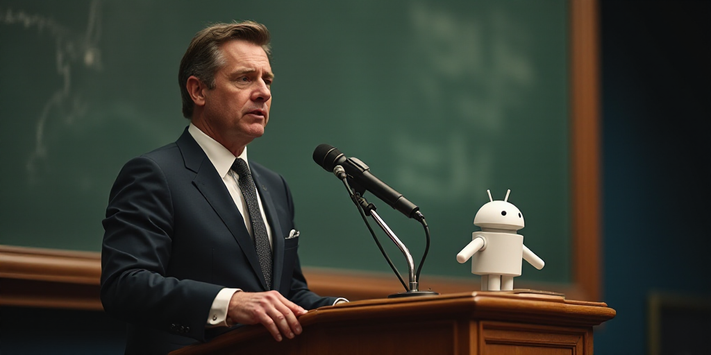 a man in a suit and tie standing at a podium with a microphone in front of him and a sign behind him