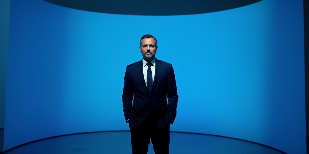 a man in a suit and tie standing in front of a blue background with the words antonio ai showbiz, An