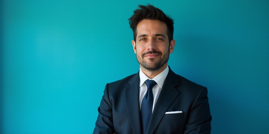 a man in a suit and tie standing in front of a blue background with a black and white photo, Alejand