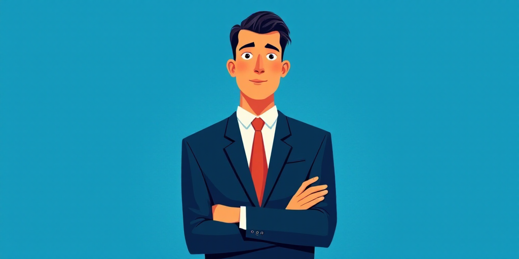 a man in a suit and tie standing with his arms crossed in front of him, with a blue background, Carl