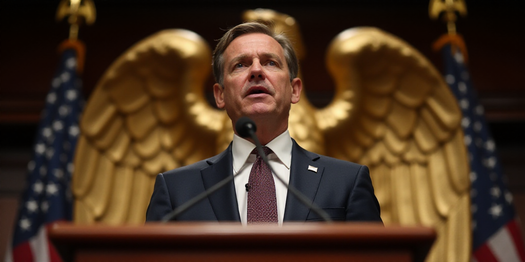 a man in a suit and tie standing at a podium with a microphone in front of him and a gold eagle stat