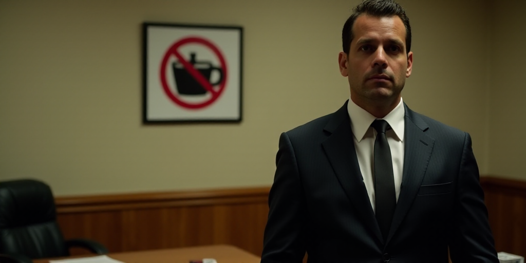 a man in a suit and tie standing in a room with a no alcohol sign on the desk behind him, Arturo Riv