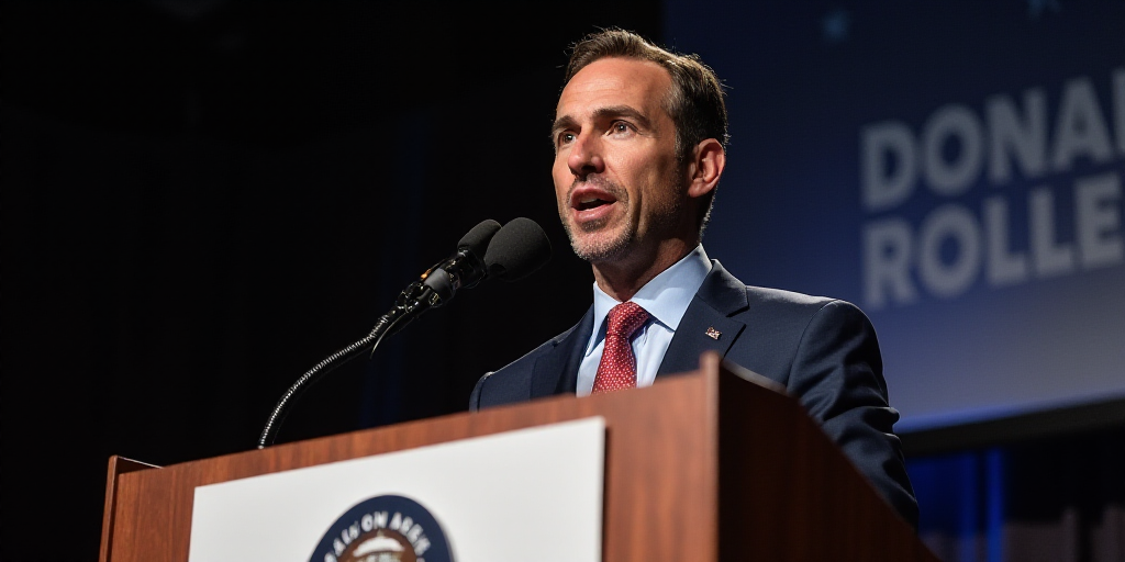 a man in a suit and tie standing at a podium with a microphone in front of him and a sign behind him