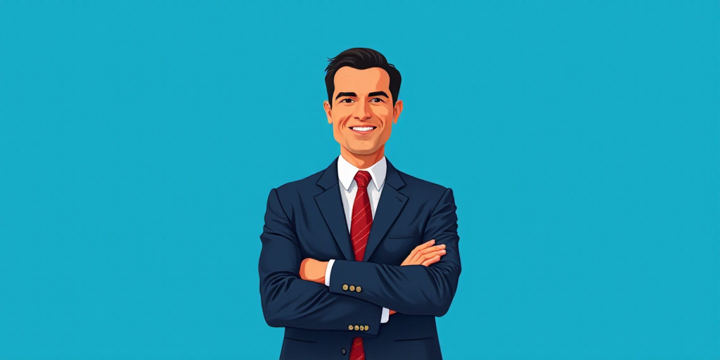 a man in a suit and tie standing with his arms crossed in front of him, with a blue background, Carl