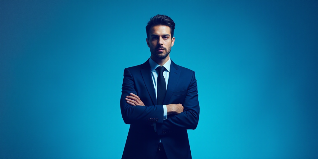 a man in a suit and tie standing with his arms crossed in front of him with a blue background, Estua
