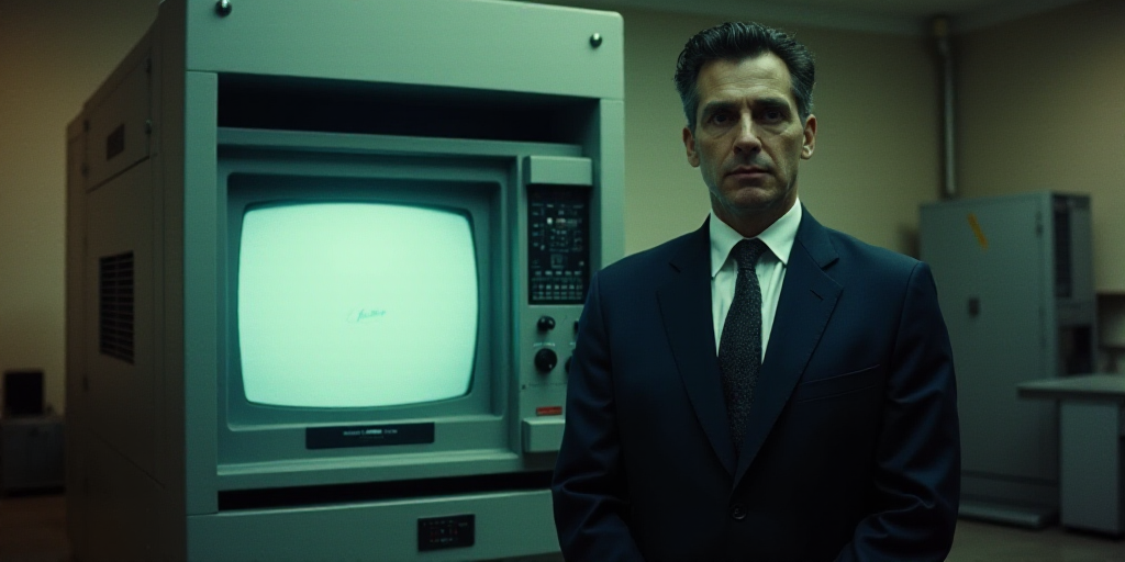 a man in a suit and tie standing in front of a machine with a television screen on it's side, Don Ar