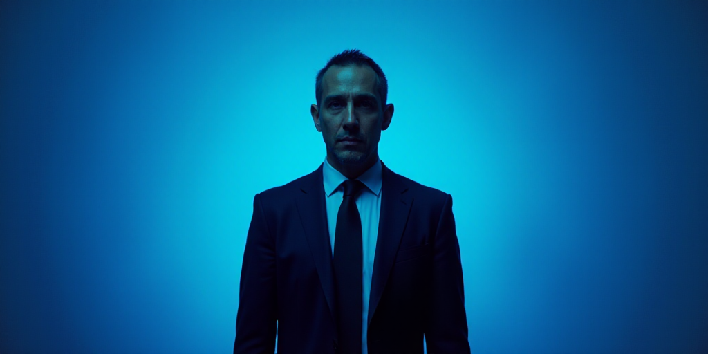 a man in a suit and tie standing in front of a blue background with a caption that reads miguel gonz