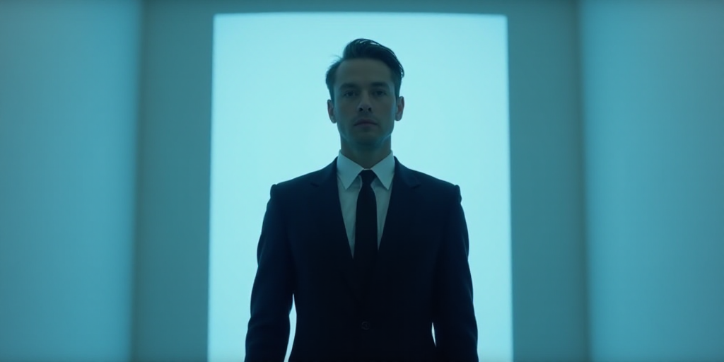 a man in a suit and tie standing in front of a white wall with a blue light behind him, Alton Tobey,