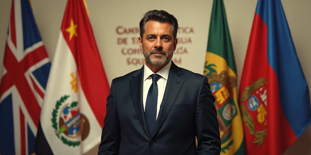a man in a suit and tie standing in front of flags and a wall with a logo on it, Carlos Francisco Ch