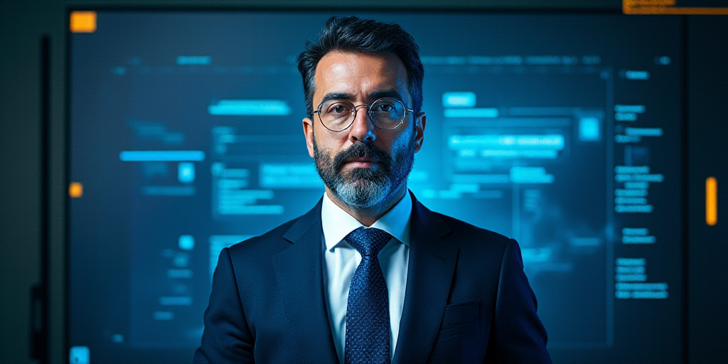a man in a suit and tie standing in front of a blue background with a black and yellow border, Carlo