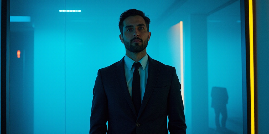 a man in a suit and tie standing in front of a blue background with a black and yellow border, Eduar