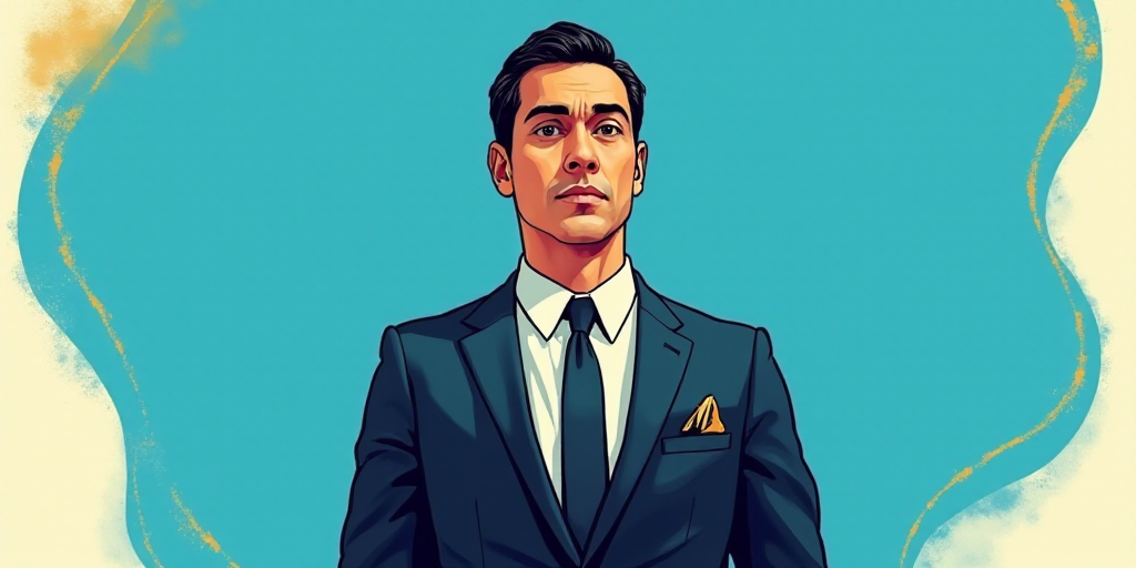 a man in a suit and tie standing in front of a blue background with a white and yellow border, Carlo