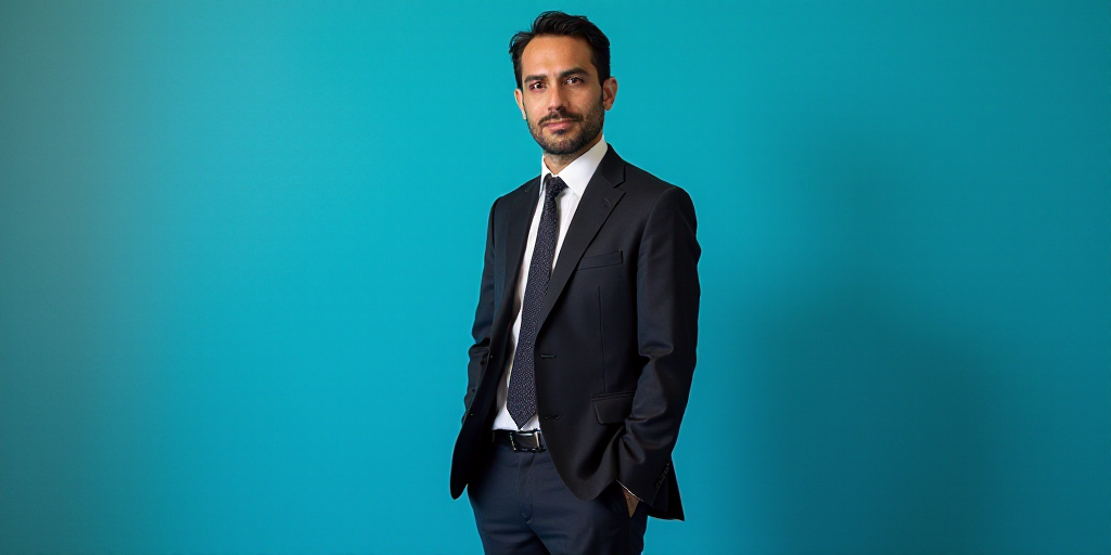 a man in a suit and tie standing in front of a blue background with a black and white photo, Alejand