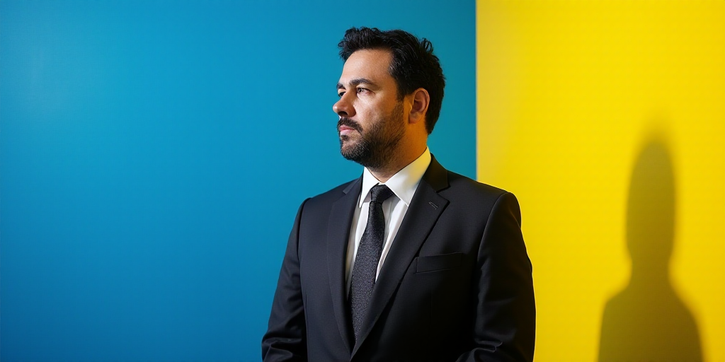 a man in a suit and tie standing in front of a blue background with a yellow border and a black and