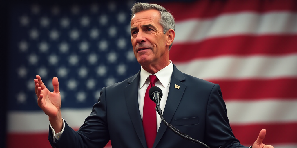 a man in a suit and tie standing in front of a flag and a microphone with a microphone in front of h