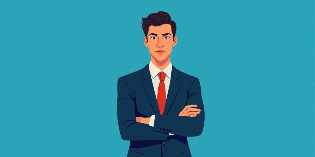 a man in a suit and tie standing with his arms crossed in front of him, with a blue background, Carl