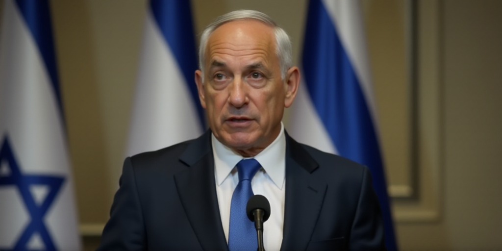 a man in a suit and tie standing in front of a microphone and israeli flag and a sign behind him, Ed