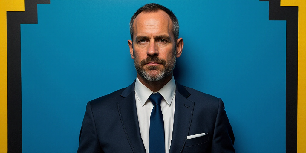 a man in a suit and tie standing in front of a blue background with a black and yellow border, Chris