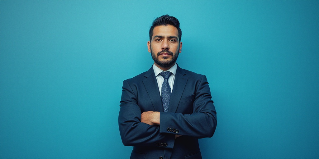 a man in a suit and tie standing in front of a blue background with a caption that reads, louis migu