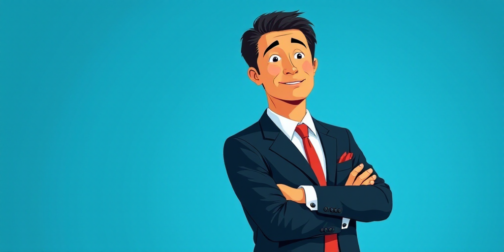 a man in a suit and tie standing with his arms crossed in front of him, with a blue background, Carl