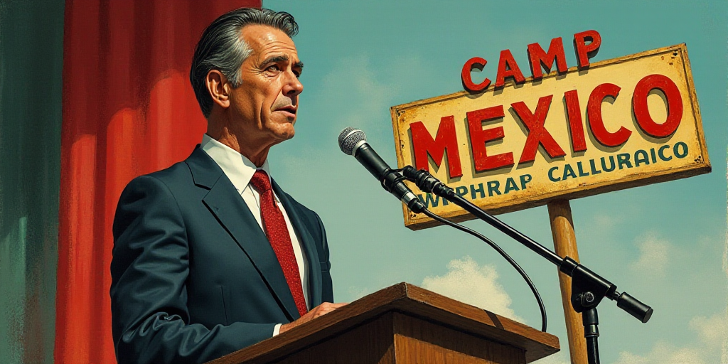 a man in a suit and tie standing in front of a microphone and a sign that says camp mexico, Félix A