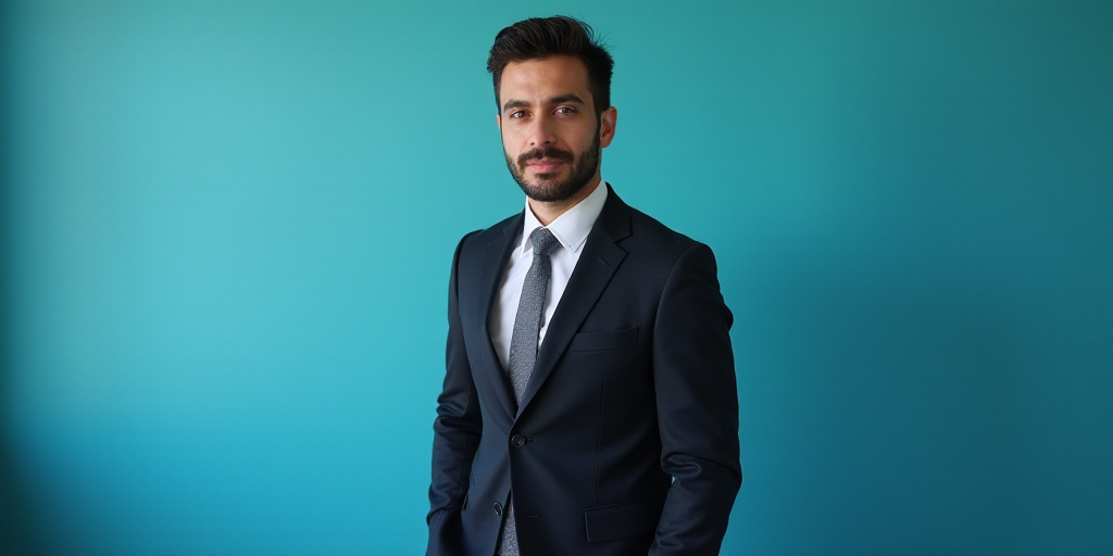 a man in a suit and tie standing in front of a blue background with a black and white photo, Alejand