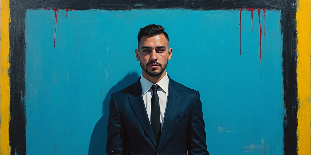 a man in a suit and tie standing in front of a blue background with a black and yellow border, Artur