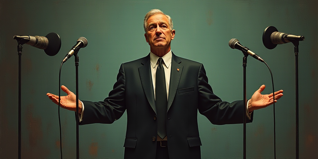 a man in a suit and tie standing in front of microphones and microphones with his hands out, Donald