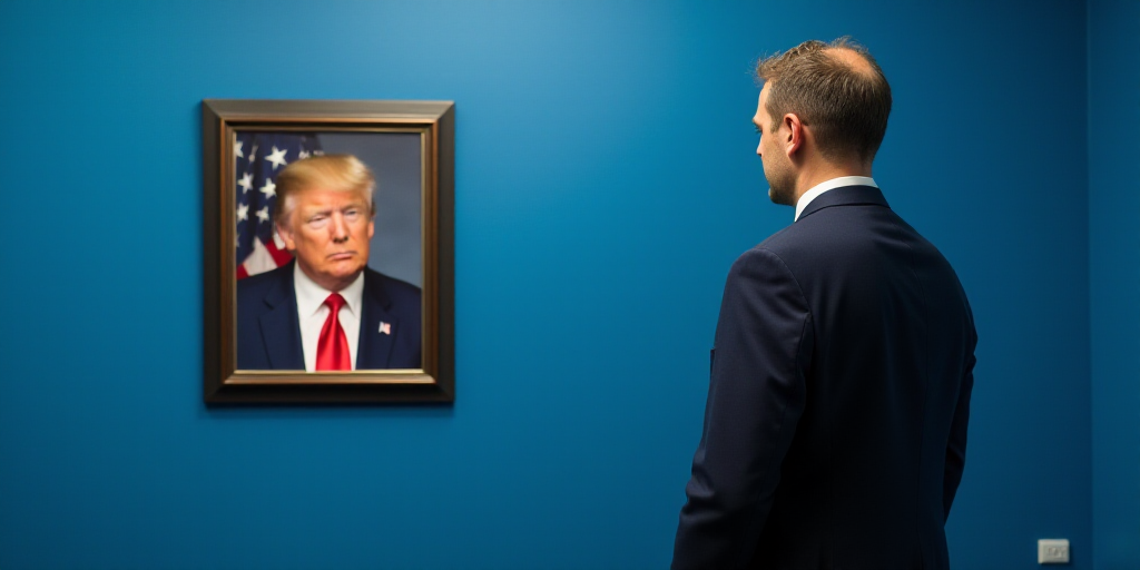 a man in a suit and tie standing in front of a blue wall with a picture of donald trump, Boris Vladi