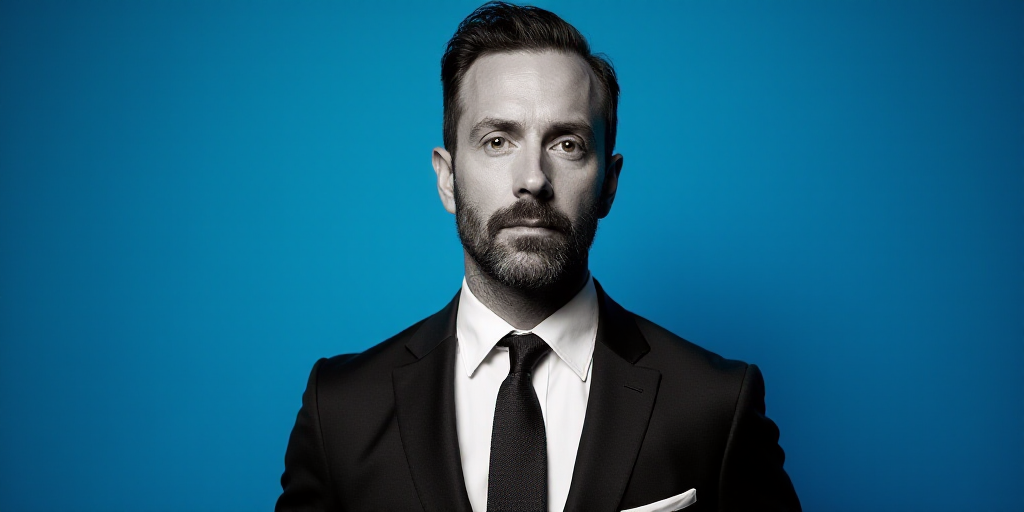 a man in a suit and tie standing in front of a blue background with a black and white photo, David P