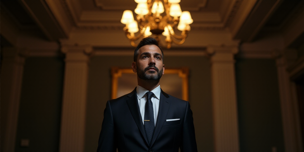 a man in a suit and tie standing in front of a chandelier with a light on it, Agustín Fernández, d