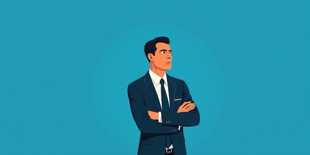 a man in a suit and tie standing with his arms crossed in front of him, with a blue background, Carl