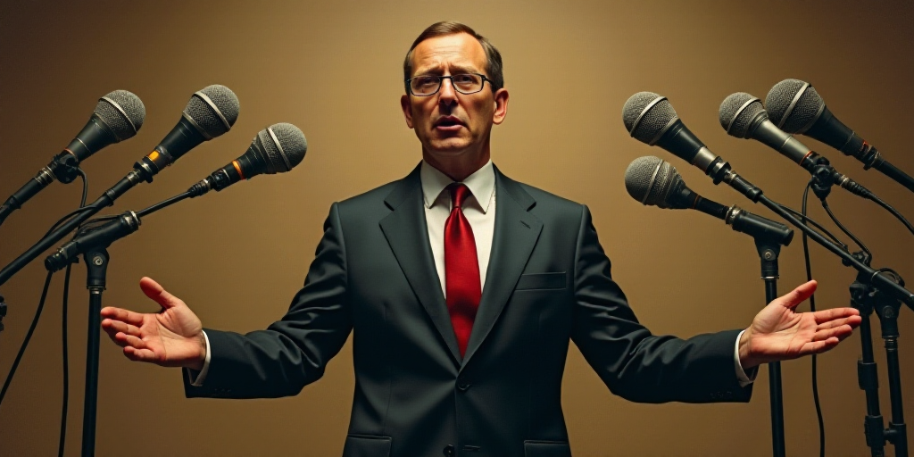a man in a suit and tie standing in front of microphones and microphones with his hands out, Donald