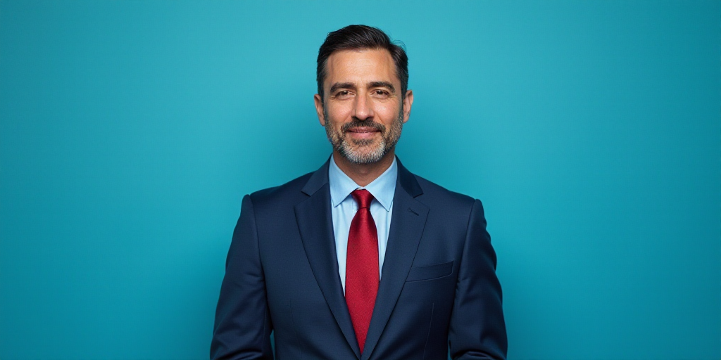 a man in a suit and tie standing in front of a blue background with a caption that reads, louis migu