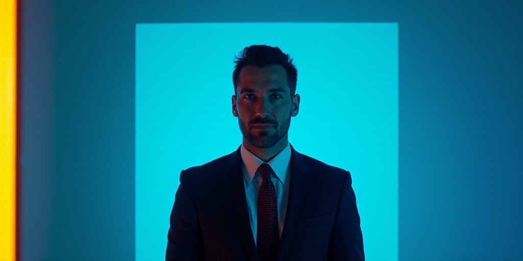 a man in a suit and tie standing in front of a blue background with a black and yellow border, Eduar