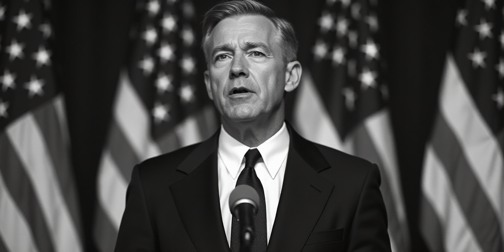 a man in a suit and tie standing in front of flags and a microphone with a microphone in front of hi