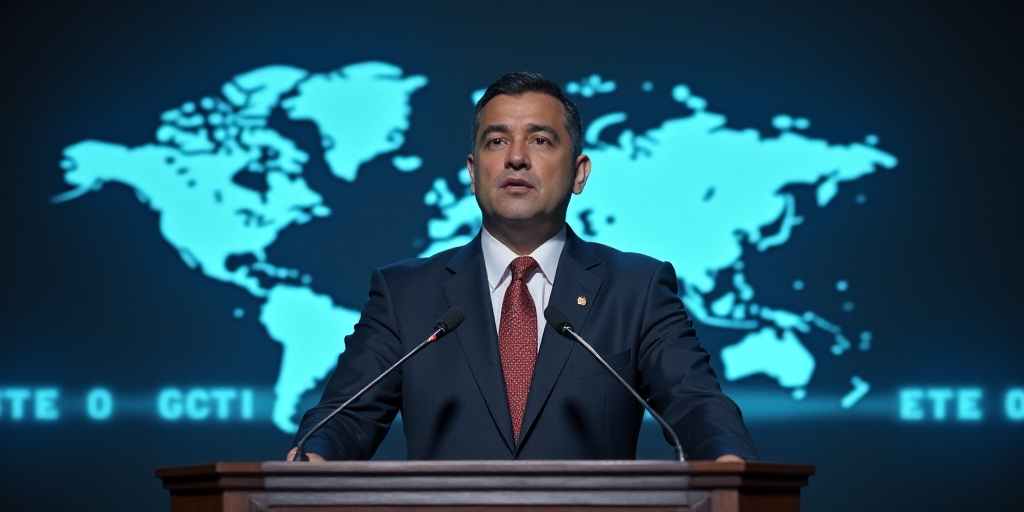 a man in a suit and tie standing at a podium with a microphone in front of him and a banner behind h