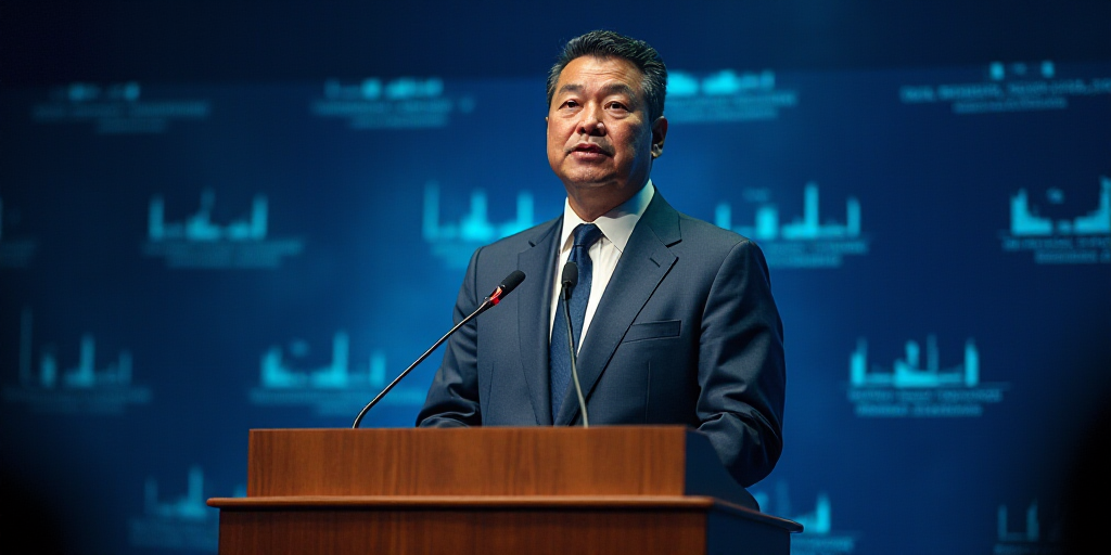 a man in a suit and tie standing at a podium with a microphone in front of him and a banner behind h