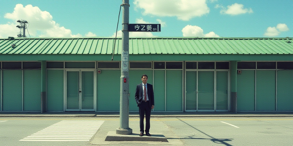 a man in a suit and tie standing next to a street sign in front of a building with a green roof, Awa