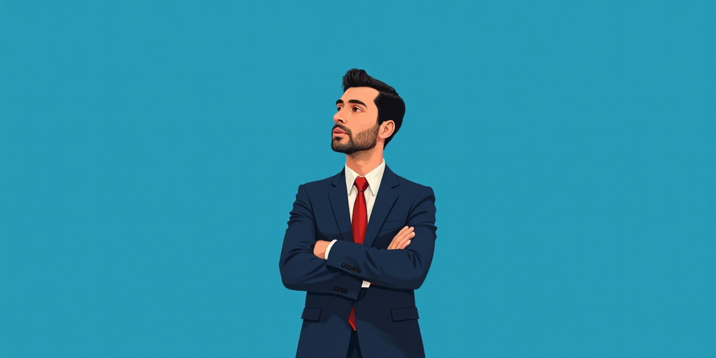 a man in a suit and tie standing with his arms crossed in front of him, with a blue background, Carl