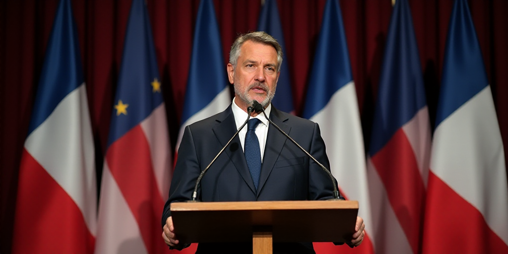 a man in a suit and tie standing at a podium with flags behind him and a microphone in front of him,